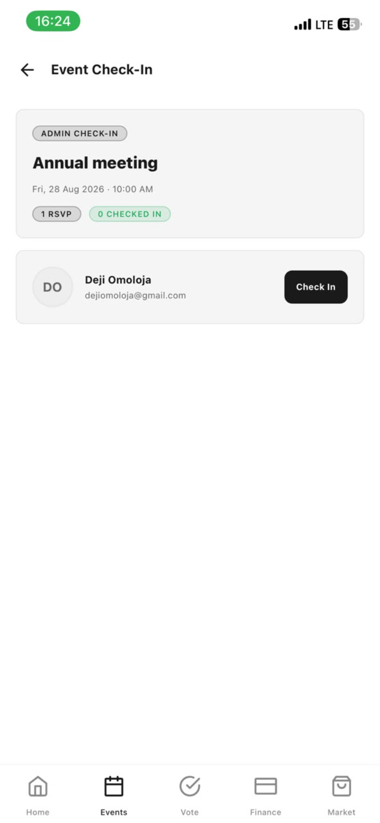 Event check-in screen