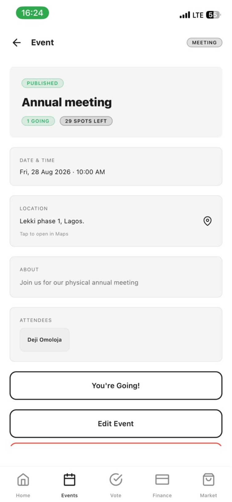 Event page with one attendee going