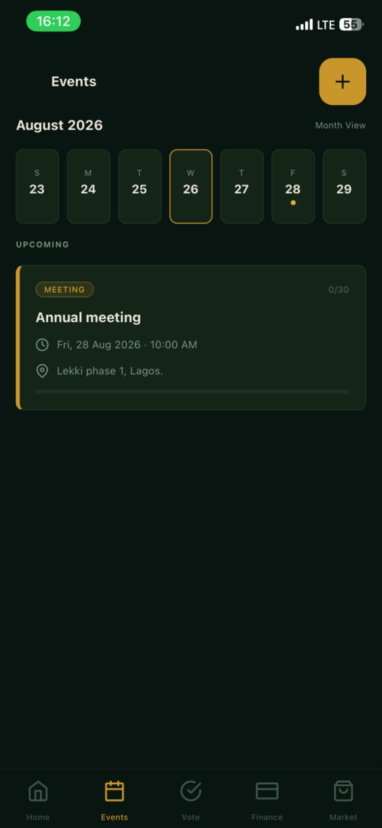 Events screen with an upcoming meeting
